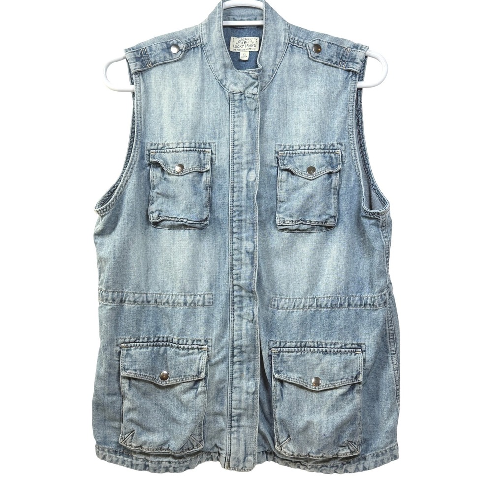 Lucky Brand Denim Vest Utility Cargo Military Field Light Wash Blue Mens XL